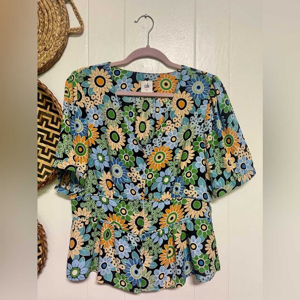 Cabi 5900 Womens Medium Happy Top Blue Green Mod Floral Button Front